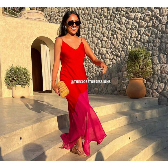 MANGO Blogger Fave Colorblock Maxi Dress NWT Red Pink Asymmetric - Picture 13 of 16